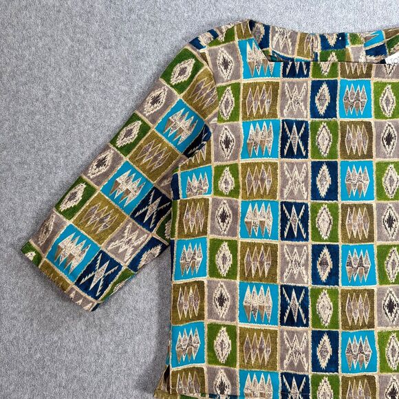 Jordan Vintage 3/4 Sleeve Blouse Womens Large Button Back Square Neck Green/Blue - Picture 3 of 8